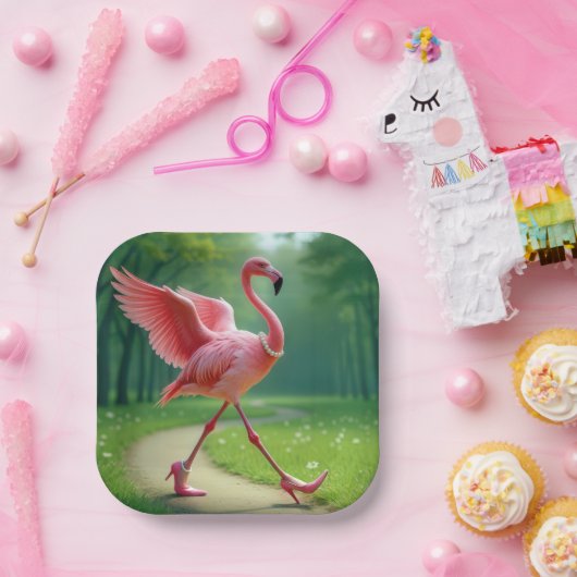 Flamingo met hoge hakken en parels papieren bordje (Feest)