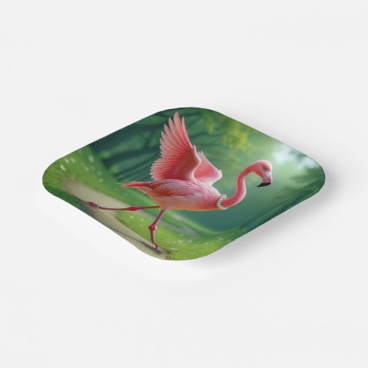 Flamingo met hoge hakken en parels papieren bordje (Gebogen)