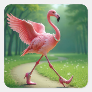 Flamingo met hoge hakken en parels vierkante sticker
