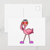 Flamingo met hoofdtelefoon en harten briefkaart (Voorkant / Achterkant)