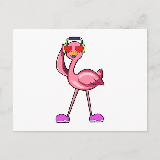 Flamingo met hoofdtelefoon en harten briefkaart (Voorkant)
