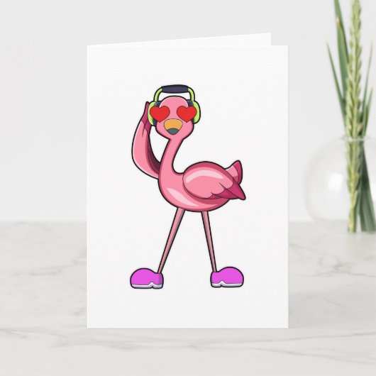 Flamingo met hoofdtelefoon en harten kaart (Voorkant)