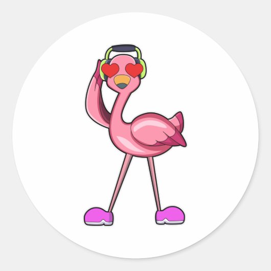 Flamingo met hoofdtelefoon en harten ronde sticker (Voorkant)