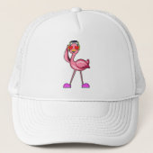 Flamingo met hoofdtelefoon en harten trucker pet (Voorkant)