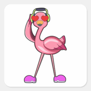 Flamingo met hoofdtelefoon en harten vierkante sticker