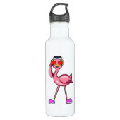 Flamingo met hoofdtelefoon en harten waterfles  (Voorkant)