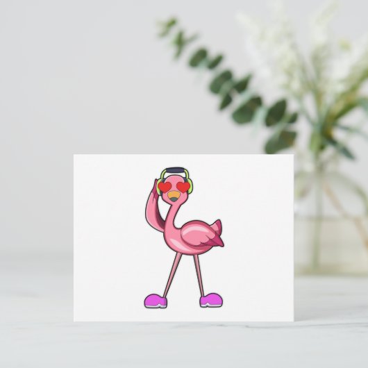 Flamingo met hoofdtelefoon & harten briefkaart (Staand voorkant)