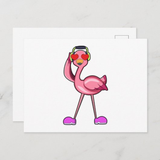 Flamingo met hoofdtelefoon & harten briefkaart (Voorkant / Achterkant)