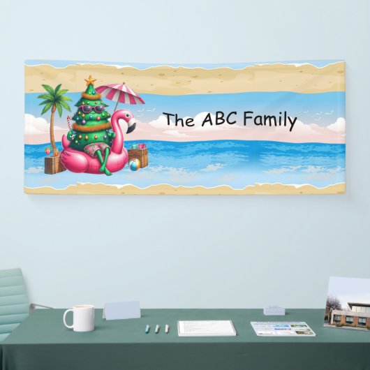 Flamingo met kerstboom in juli spandoek (Beurs)