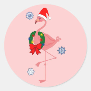 Flamingo met kerstmuts en krans ronde sticker