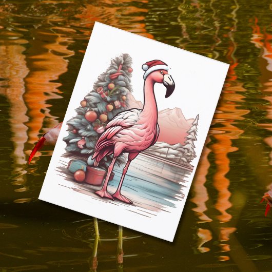 Flamingo met kerstmuts naast de kerstboom briefkaart