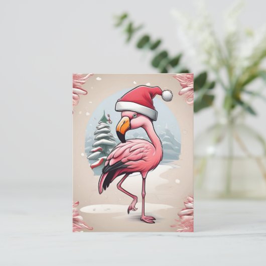 Flamingo met kerstmuts naast de kerstboom briefkaart (Staand voorkant)