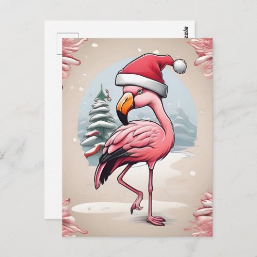 Flamingo met kerstmuts naast de kerstboom briefkaart (Voorkant / Achterkant)