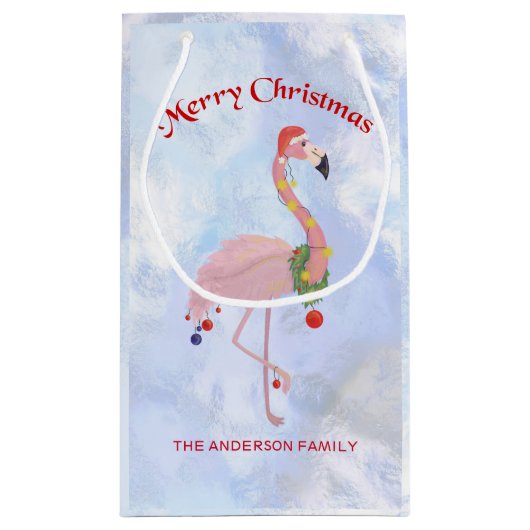 Flamingo met lantaarns over ijs achtergrond klein cadeauzakje (Achterkant)