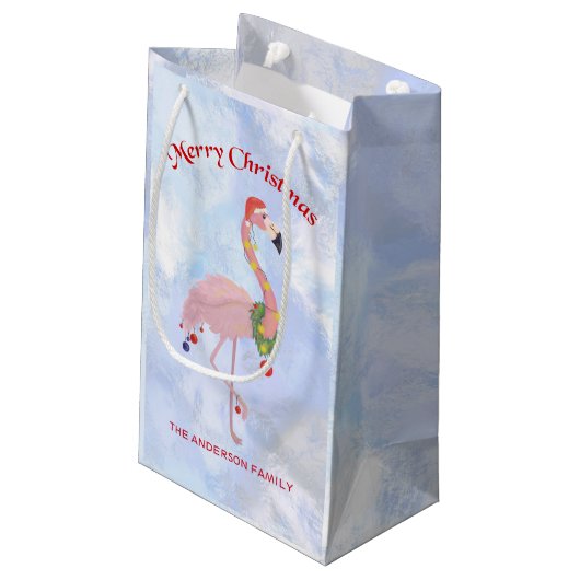 Flamingo met lantaarns over ijs achtergrond klein cadeauzakje (Achterkant Gekanteld)