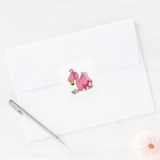 Flamingo met lint vierkante sticker (Envelop)