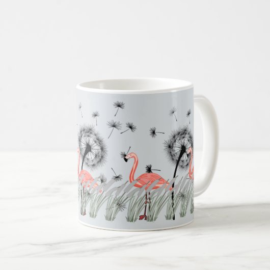 Flamingo met Oranje paardenbloem en rode graskunst Koffiemok (Voorkant rechts)