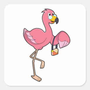 Flamingo met paars vierkante sticker