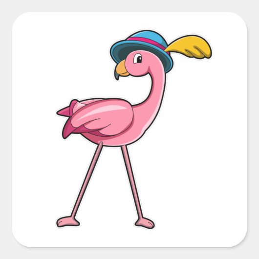 Flamingo met Pet & Veer Vierkante Sticker (Voorkant)
