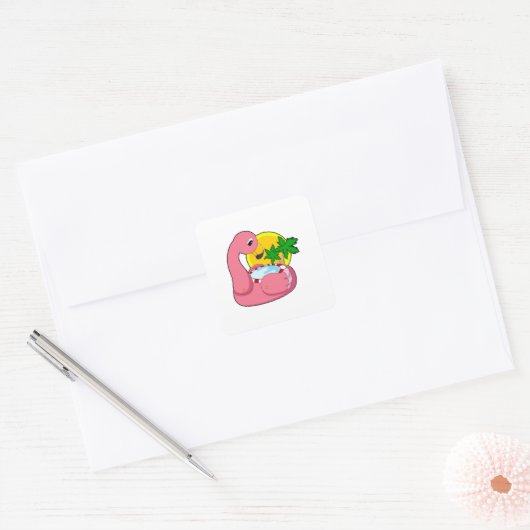 Flamingo met pool vierkante sticker (Envelop)