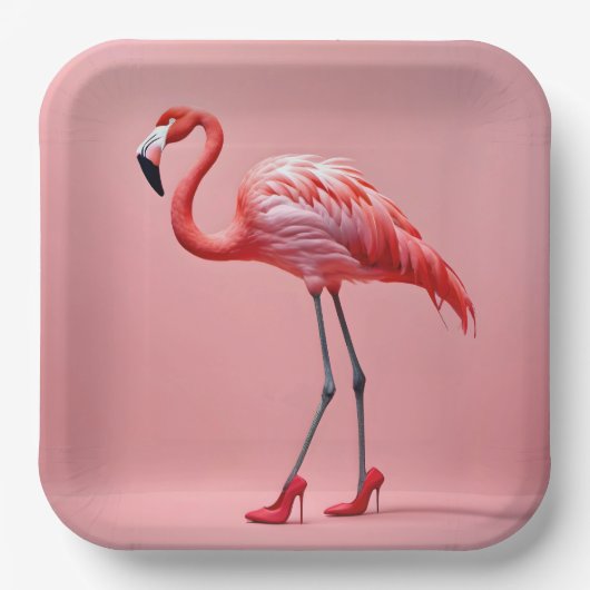 Flamingo met rode hoge hakken papieren bordje (Voorkant)
