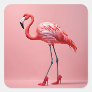 Flamingo met rode hoge hakken vierkante sticker