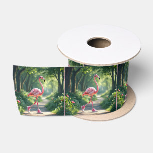 Flamingo met roze sneakers en hoofdtelefoon satijnen lint