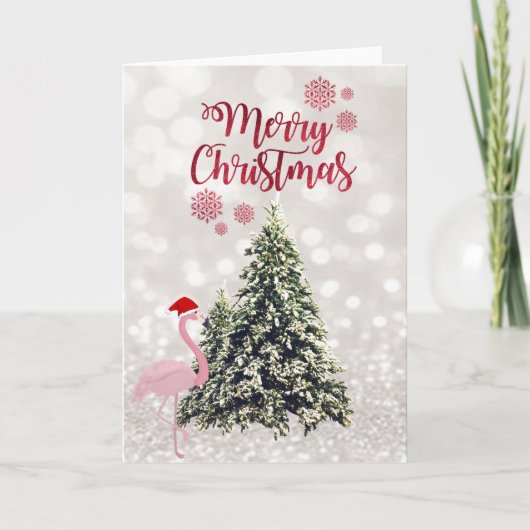 Flamingo met Santa Hat, Pine Trees, Glittery Bokeh Feestdagen Kaart (Voorkant)