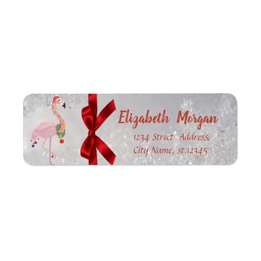 Flamingo met Santa Hat Silver, Red Bow, Holiday Etiket (Voorkant)