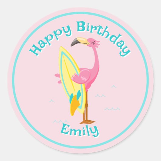 Flamingo met Surfboard Roze Ronde Sticker (Voorkant)