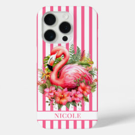 Flamingo met Tropische Bloemen op Strepen iPhone 15 Pro Case