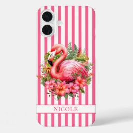 Flamingo met Tropische Bloemen op Strepen iPhone 16 Plus Hoesje