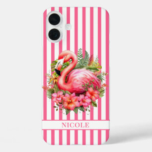 Flamingo met Tropische Bloemen op Strepen iPhone 16 Plus Hoesje