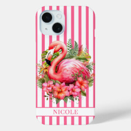 Flamingo met Tropische Bloemen op Strepen iPhone 15 Case