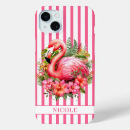Flamingo met Tropische Bloemen op Strepen iPhone 15 Mini Hoesje