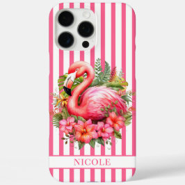 Flamingo met Tropische Bloemen op Strepen iPhone 16 Pro Max Hoesje