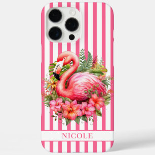 Flamingo met Tropische Bloemen op Strepen iPhone 16 Pro Max Hoesje