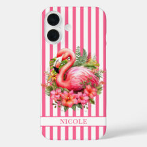 Flamingo met Tropische Bloemen op Strepen