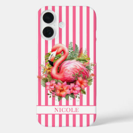 Flamingo met Tropische Bloemen op Strepen iPhone 16 Hoesje