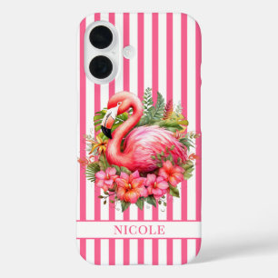 Flamingo met Tropische Bloemen op Strepen iPhone 16 Hoesje