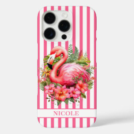 Flamingo met Tropische Bloemen op Strepen iPhone 16 Pro Hoesje