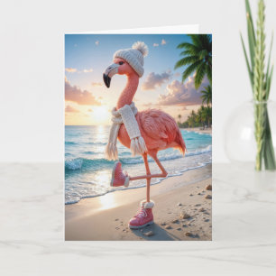 Flamingo met verjaardag die winterlaarzen en sjaal kaart