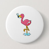 Flamingo met vis ronde button 7,6 cm (Voorkant)