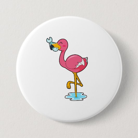 Flamingo met vis ronde button 7,6 cm (Voorkant)