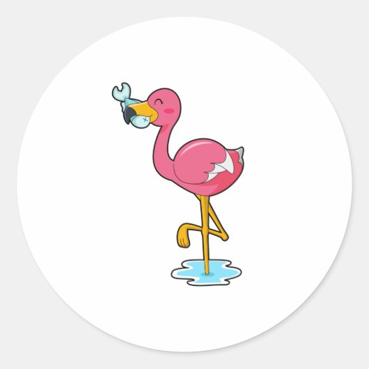 Flamingo met vis ronde sticker (Voorkant)