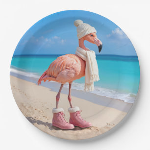 Flamingo met winter sjaal en hoed papieren bordje