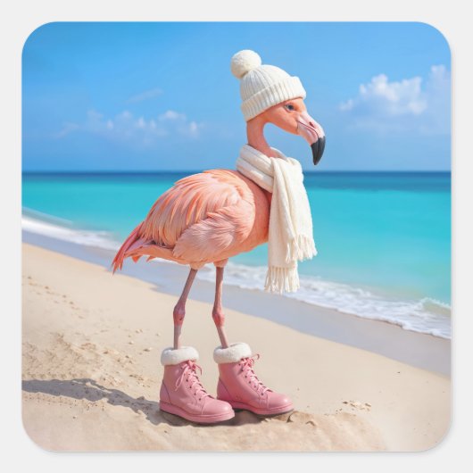 Flamingo met winter sjaal en hoed vierkante sticker (Voorkant)