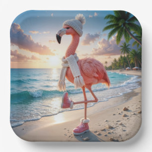 Flamingo met winterlaarzen en sjaal papieren bordje