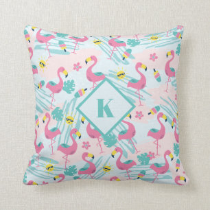 Flamingo Mint Groen Tropisch Patroon Monogram Kussen