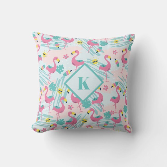 Flamingo Mintgroene Tropische Patroon Monogram Kussen (Voorkant)